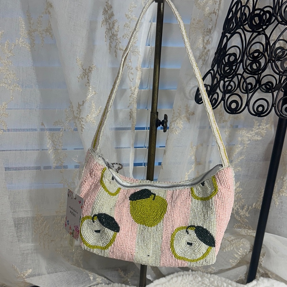 Made in India beaded apple pink and white striped shoulder bag